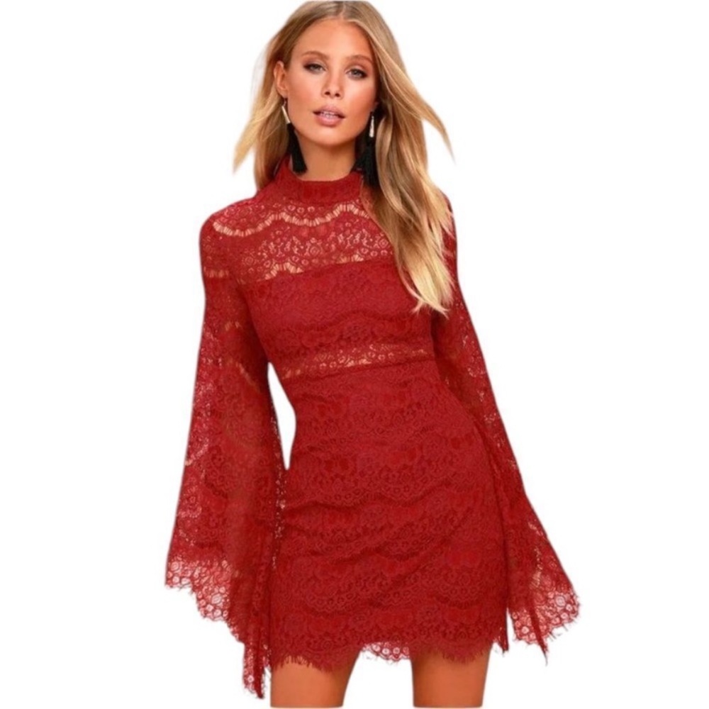Lulu’s Red Trumpet Sleeve Lace Dress